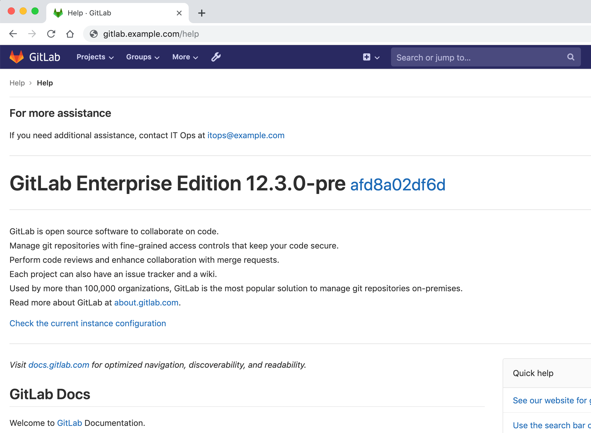help message on help page example