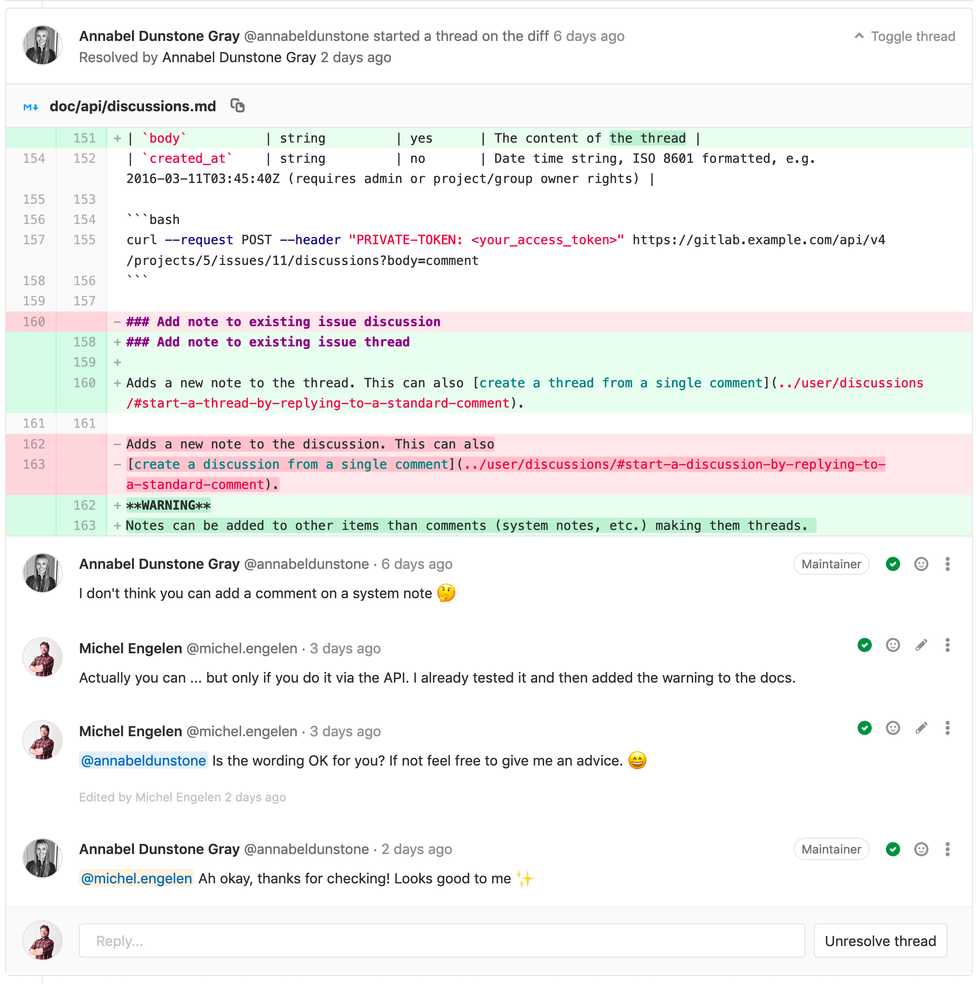 "A thread between two people on a piece of code"