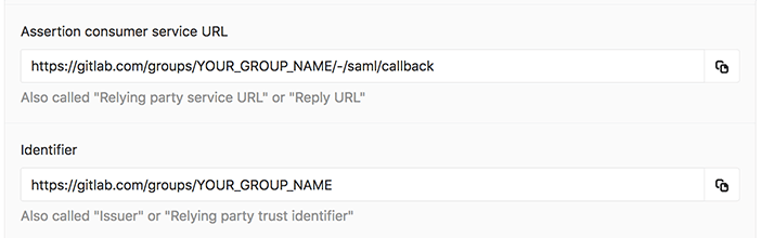 Issuer and callback for configuring SAML identity provider with GitLab.com