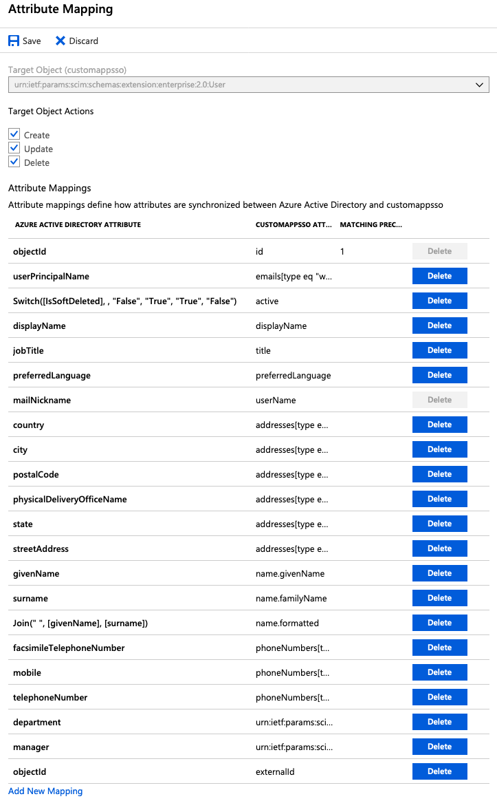 Azure's attribute mapping configuration