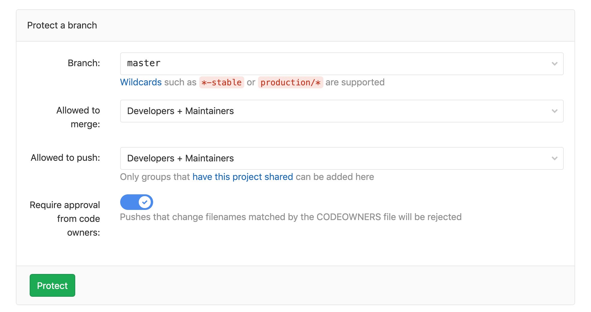 Code Owners approval - new protected branch