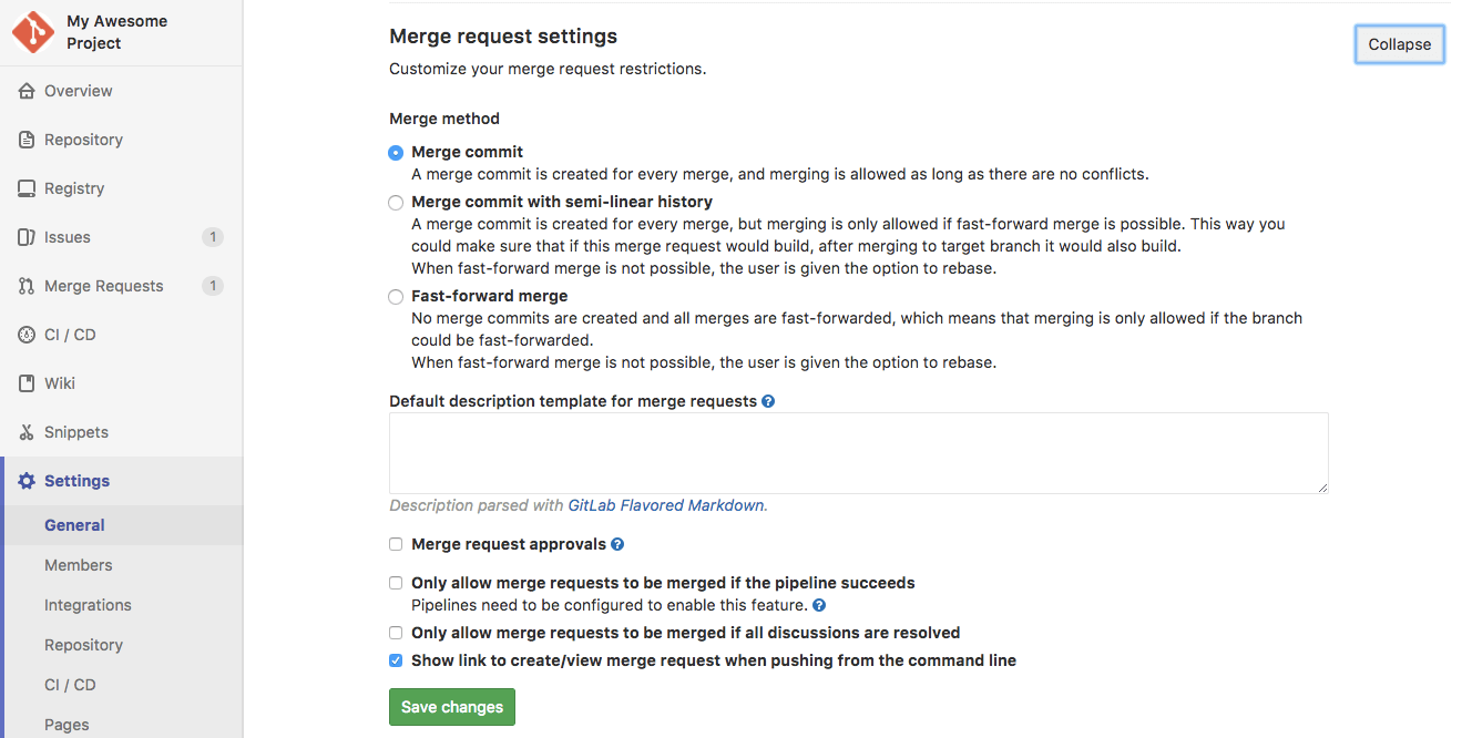 project's merge request settings