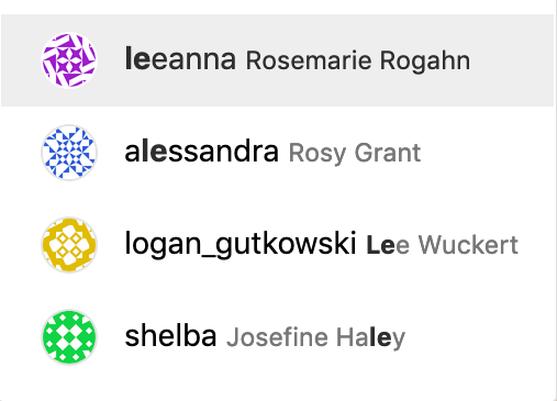 Popup list which includes users whose username or name contains the string le