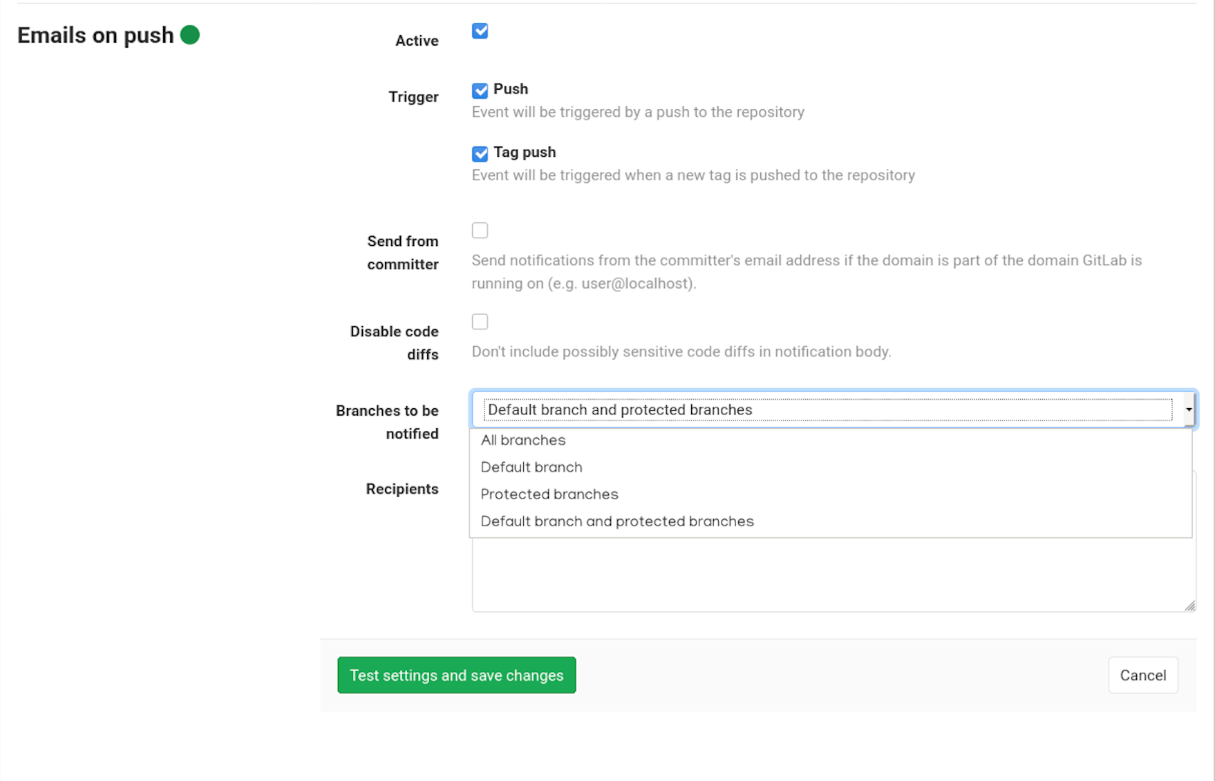 Email on push service settings